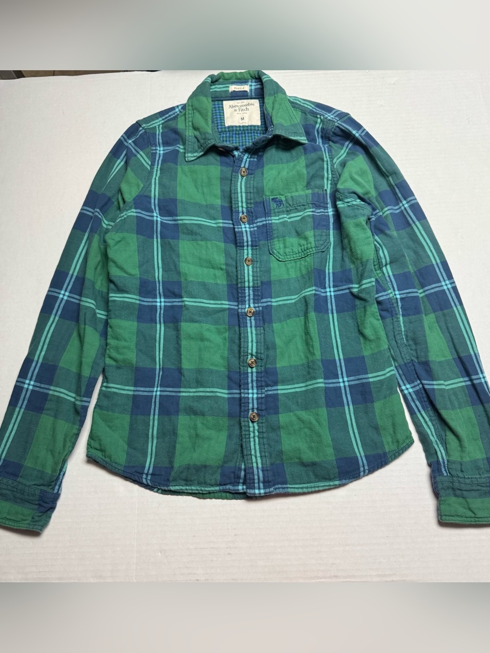 Vintage Abercrombie & Fitch Muscle Flannel Shirt In Green Blue Plaid Size: M